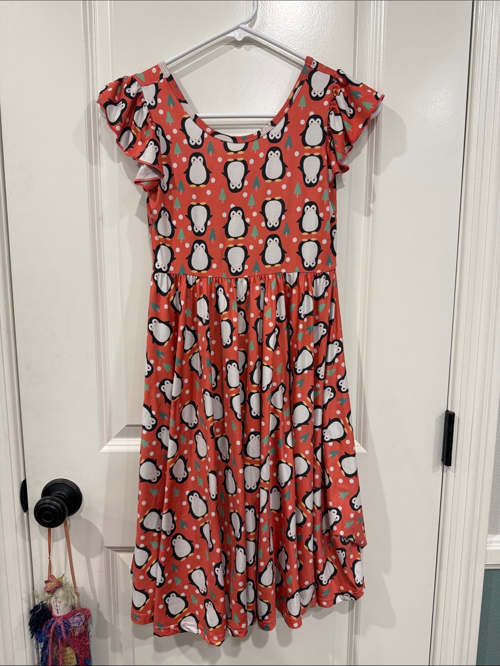 Dot Dot Smile Coral Penguin Print Flutter Sleeve Dress